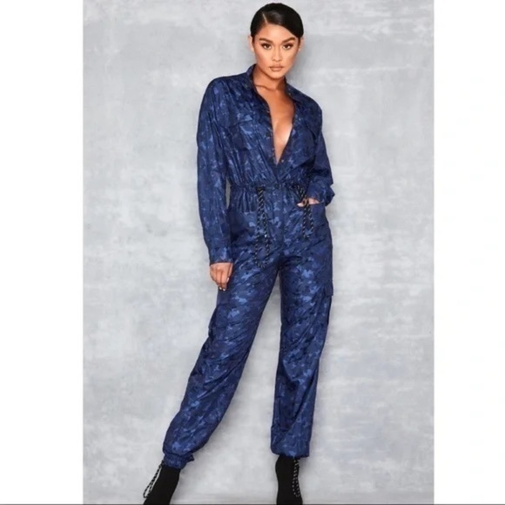 Mistress Rock Los Angeles Blue Camo 3/4 Jumpsuit button down nylon